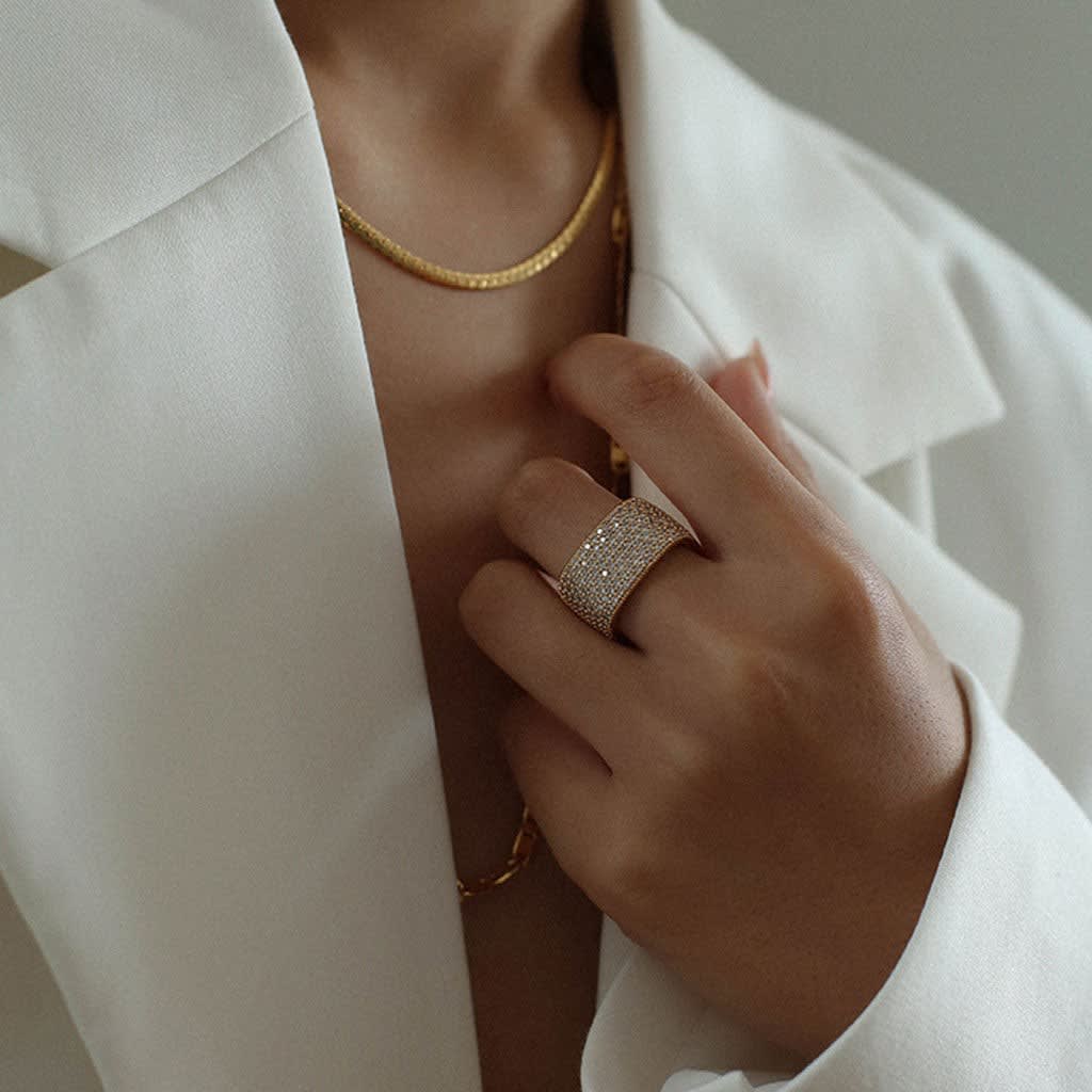 Women's Gold Plated Cubic Zirconia Cigar Band Ring | Bramshaw_2