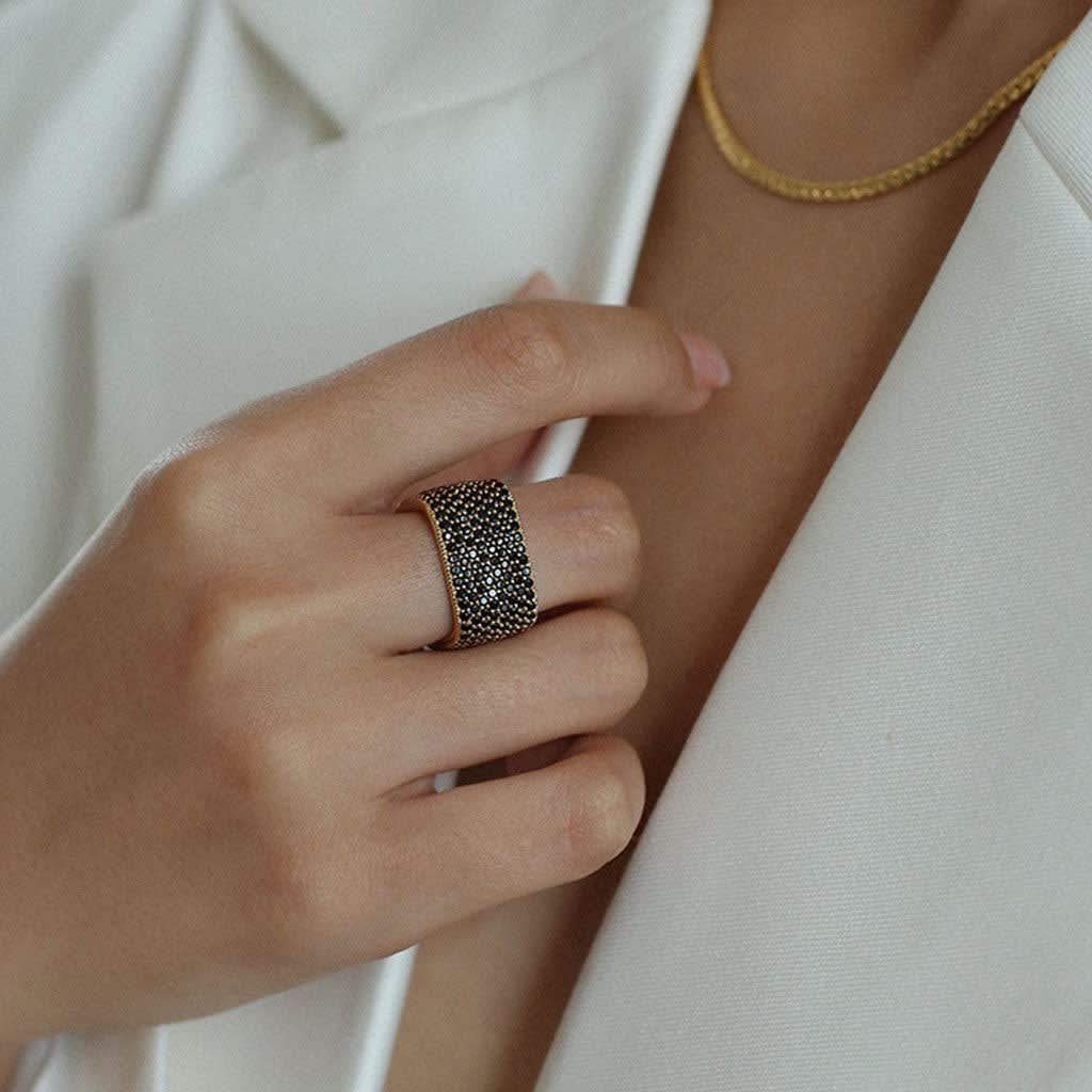 Women's Gold Plated Cubic Zirconia Cigar Band Ring | Bramshaw_4