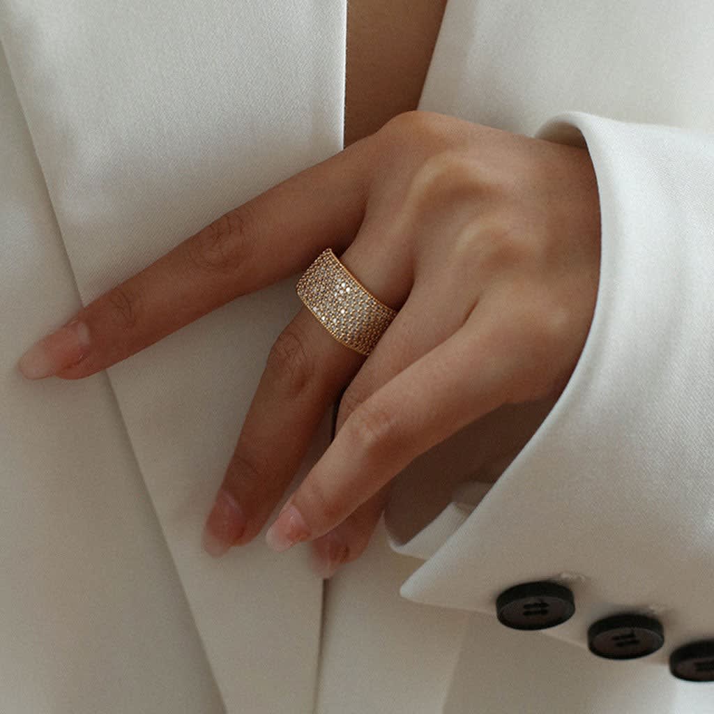 Women's Gold Plated Cubic Zirconia Cigar Band Ring | Bramshaw_5
