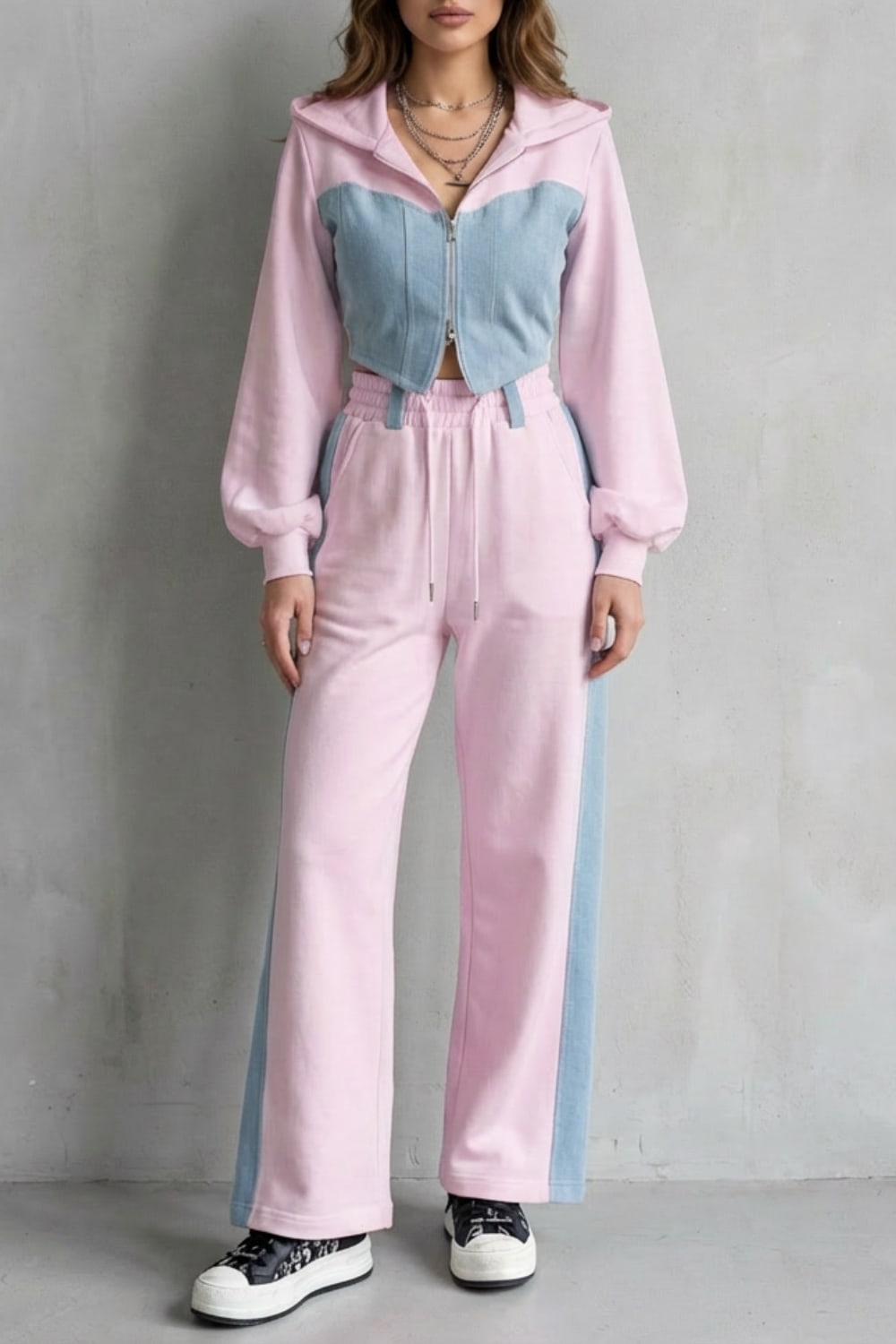 Women's Denim Panel Cropped Hoodie Set | Balfour_5