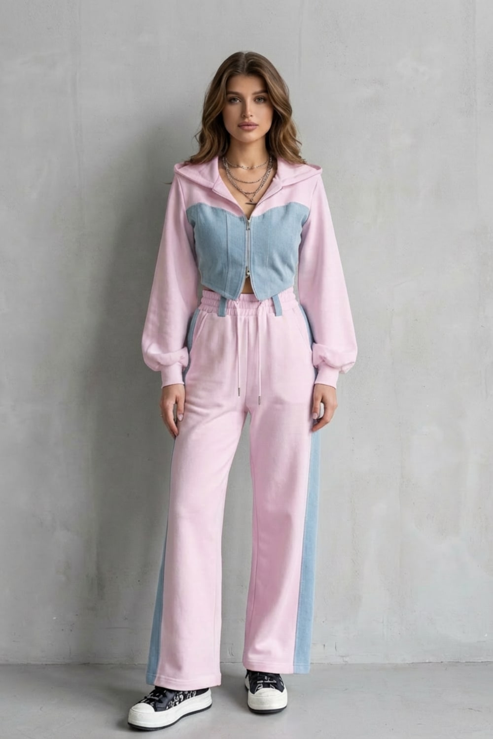 Women's Denim Panel Cropped Hoodie Set | Balfour_6