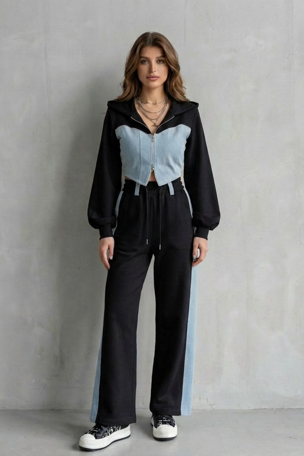 Women's Denim Panel Cropped Hoodie Set | Balfour_8