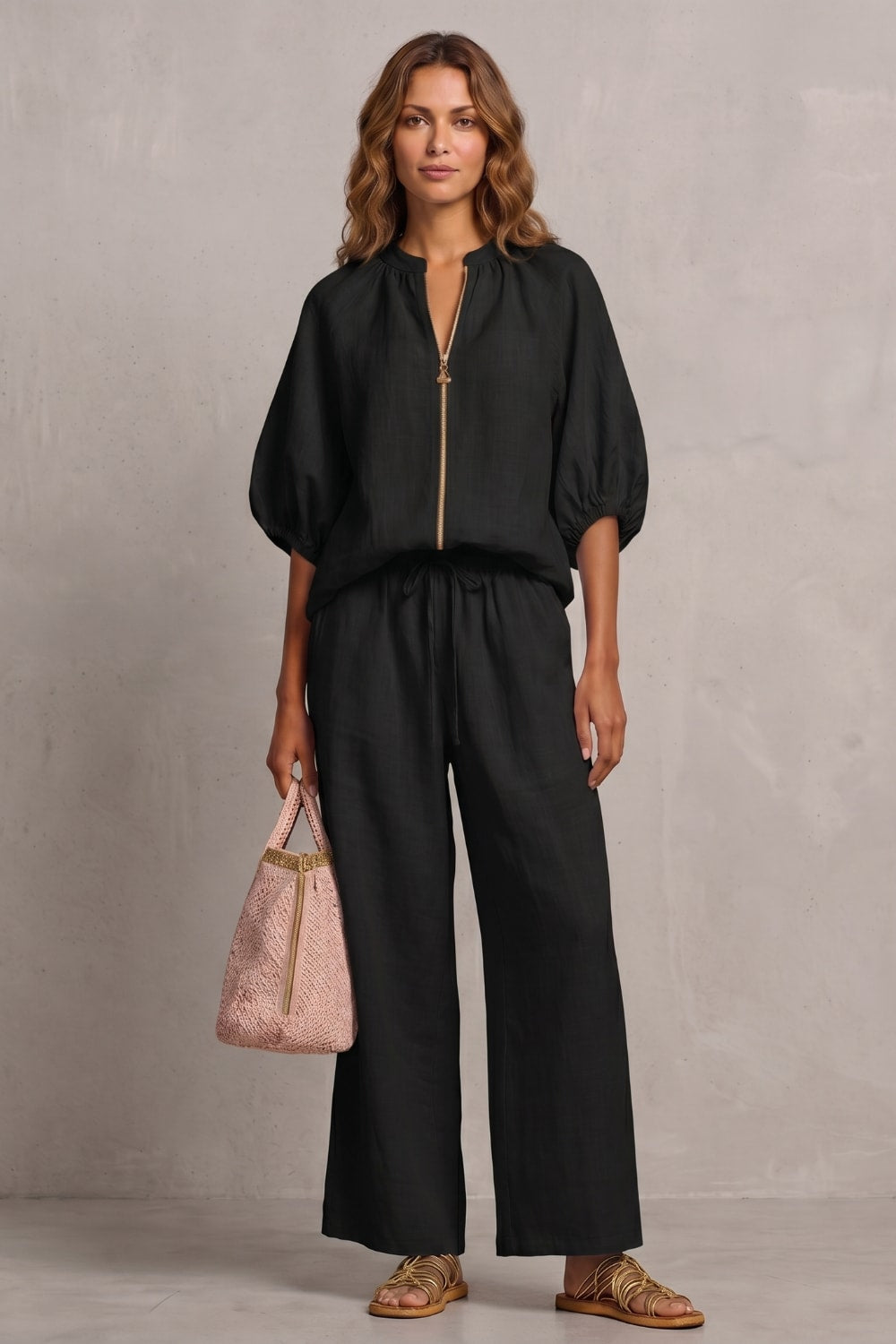 Women's Zip Front Wide Leg Pant Set | Brockhurst_12
