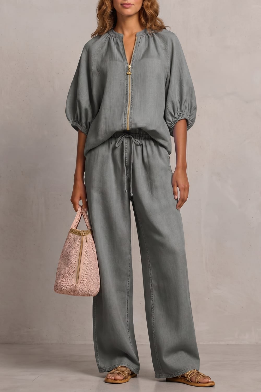 Women's Zip Front Wide Leg Pant Set | Brockhurst_9