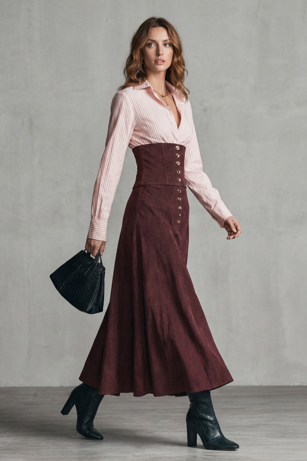 Women's Faux Suede Button Front Maxi Skirt | Denholme_3