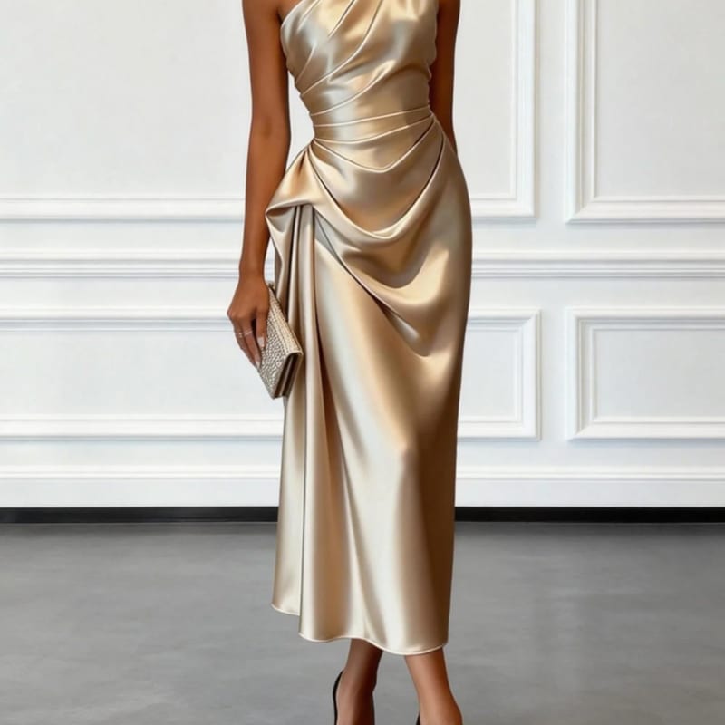 Women's One Shoulder Satin Midi Dress | Chalfont_1