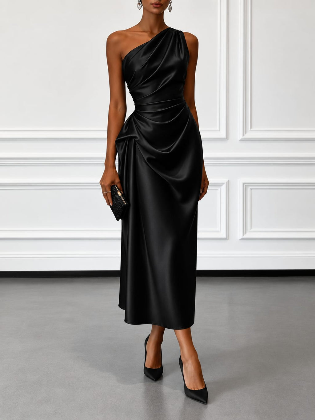 Women's One Shoulder Satin Midi Dress | Chalfont_10
