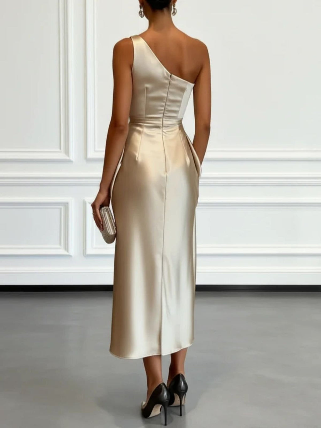 Women's One Shoulder Satin Midi Dress | Chalfont_2