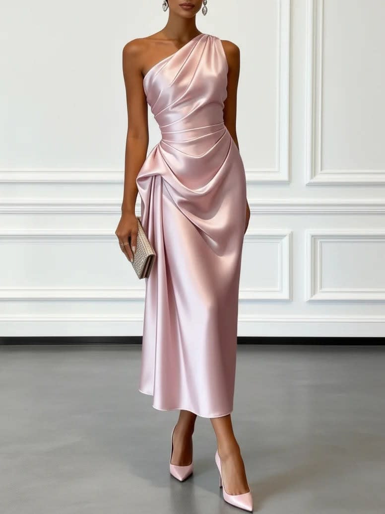 Women's One Shoulder Satin Midi Dress | Chalfont_6