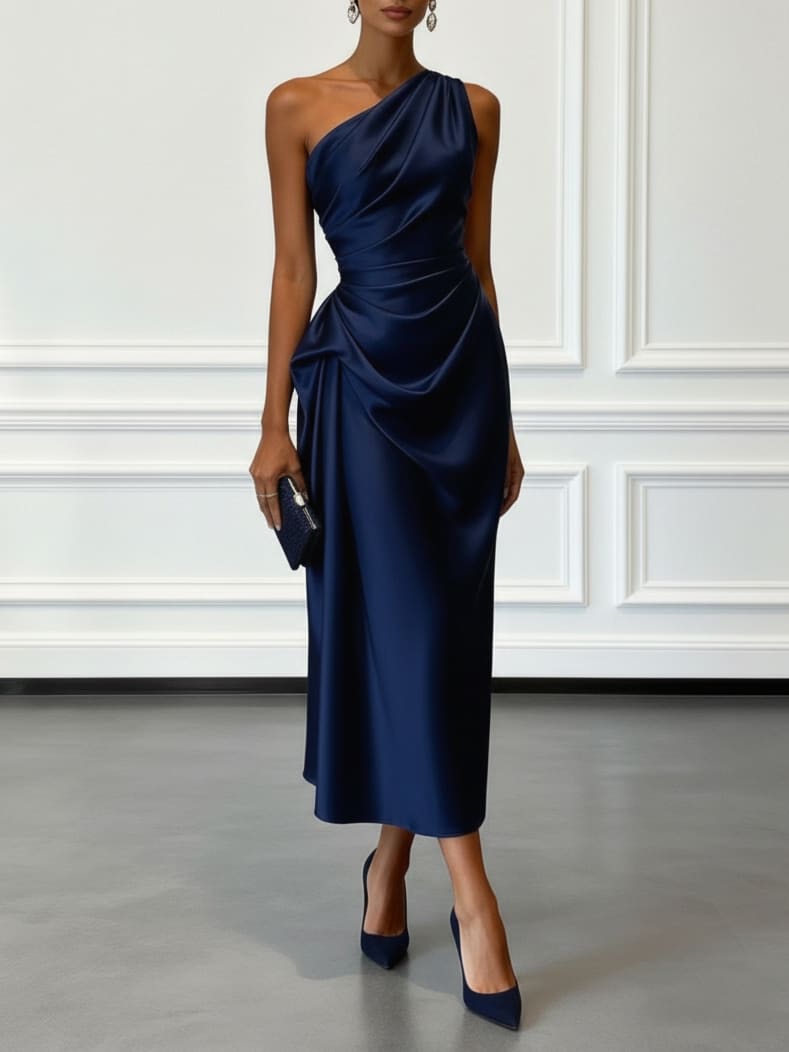 Women's One Shoulder Satin Midi Dress | Chalfont_7