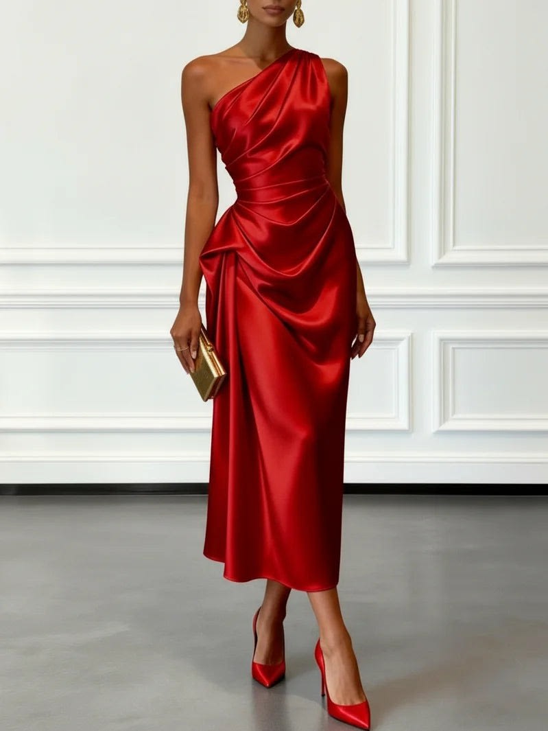 Women's One Shoulder Satin Midi Dress | Chalfont_8