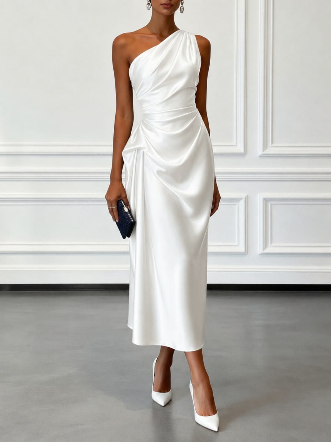 Women's One Shoulder Satin Midi Dress | Chalfont_9