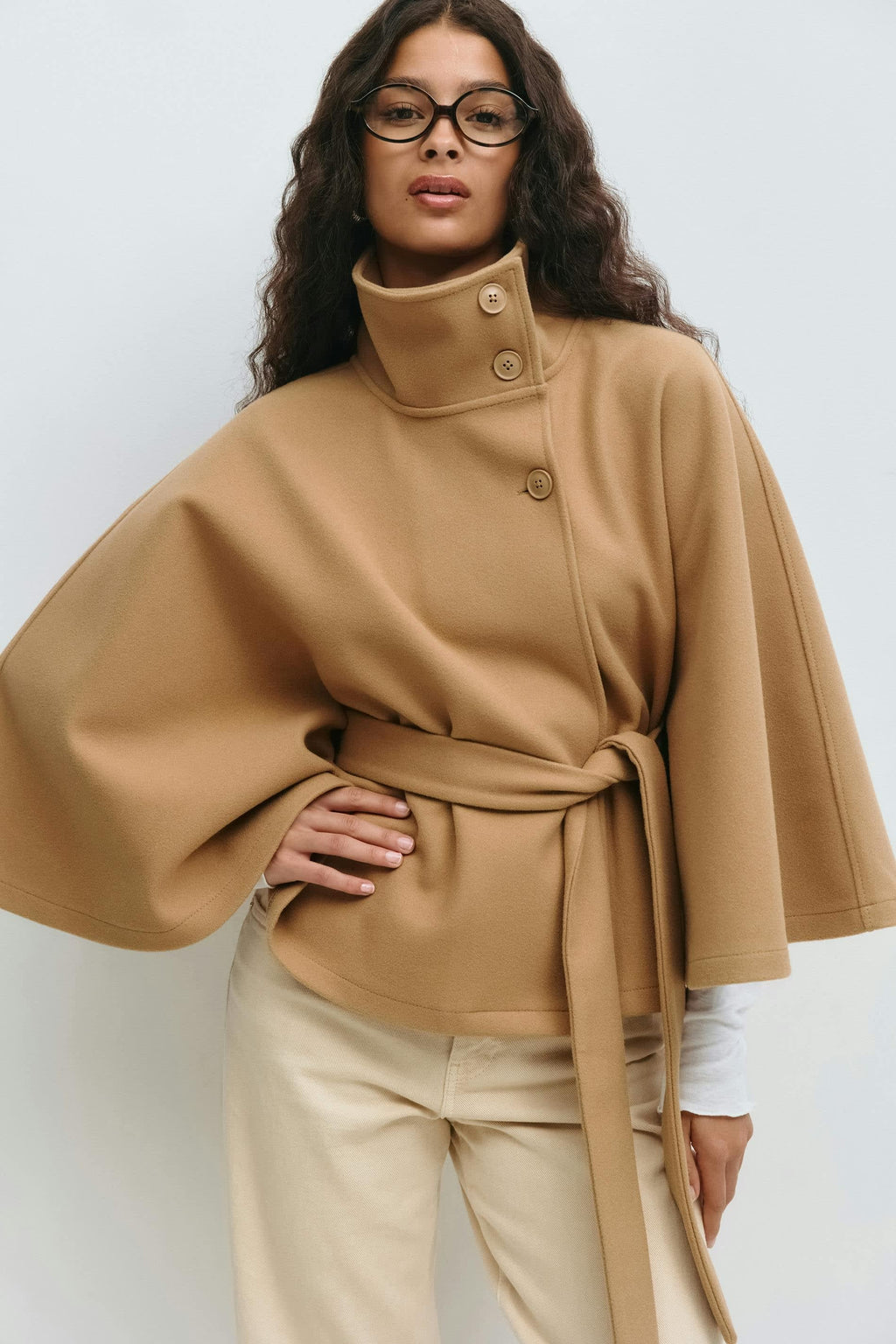 Women's Belted High Neck Cape Jacket | Gilliane_8