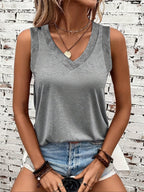 Women's V Neck Ribbed Trim Tank Top | Mabella_10