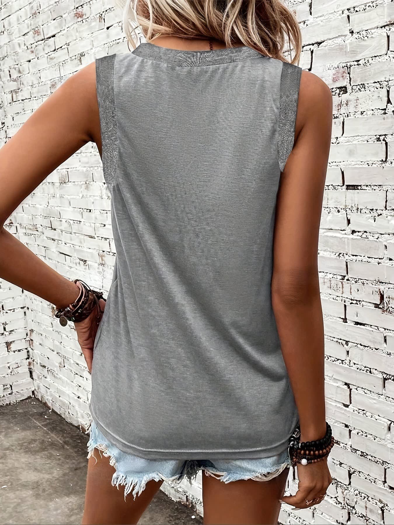 Women's V Neck Ribbed Trim Tank Top | Mabella_3