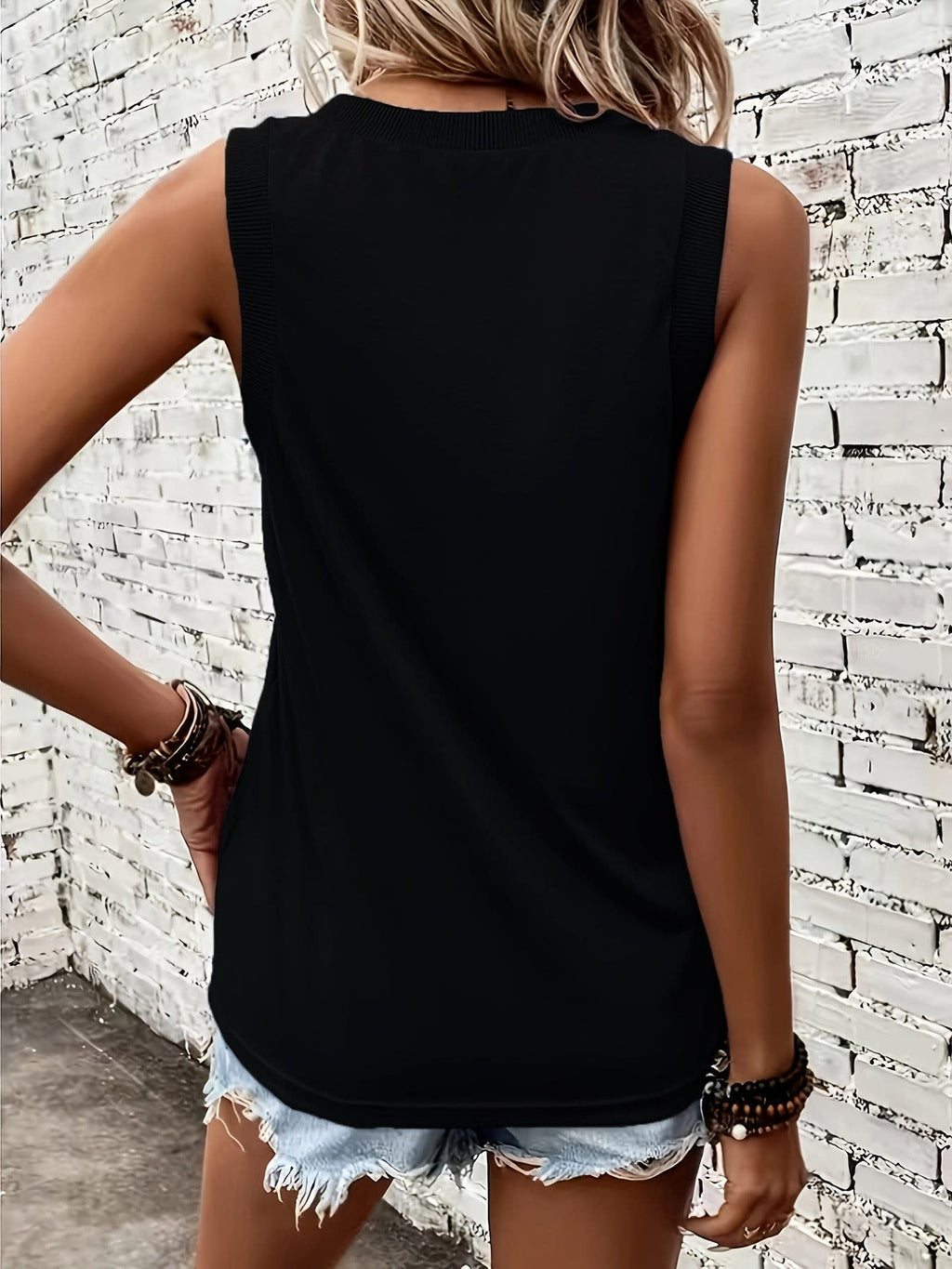 Women's V Neck Ribbed Trim Tank Top | Mabella_7