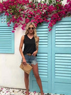 Women's V Neck Ribbed Trim Tank Top | Mabella_8