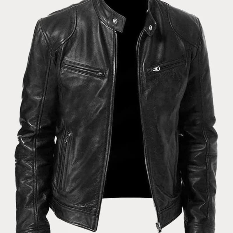 Women's Stand Collar Leather Biker Jacket | Selborne_1