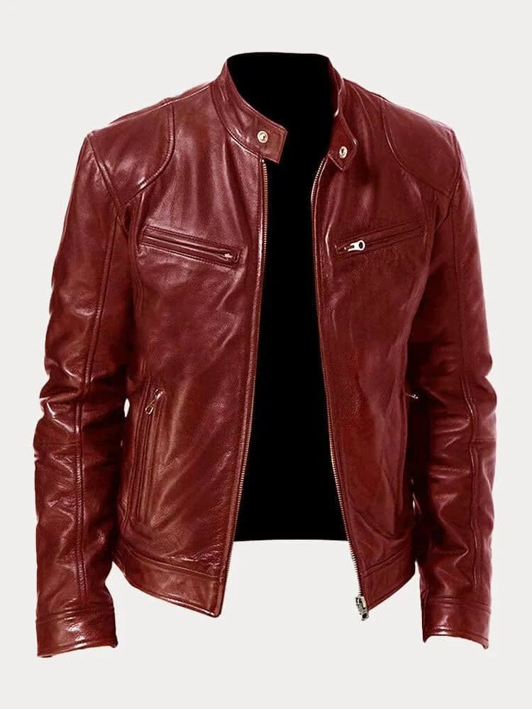 Women's Stand Collar Leather Biker Jacket | Selborne_5