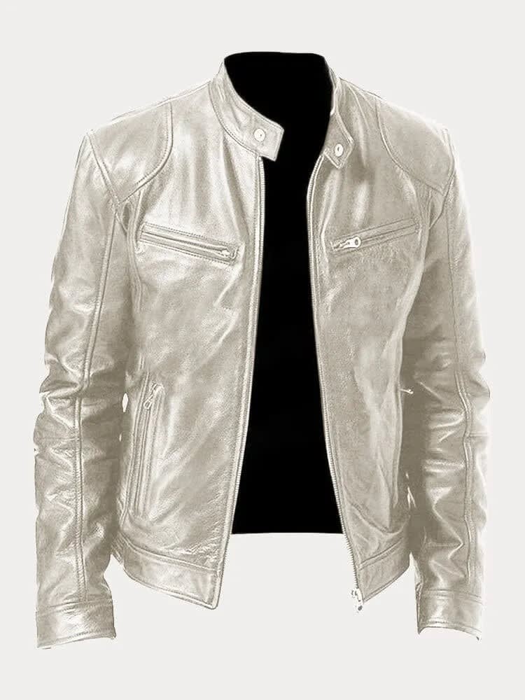 Women's Stand Collar Leather Biker Jacket | Selborne_6