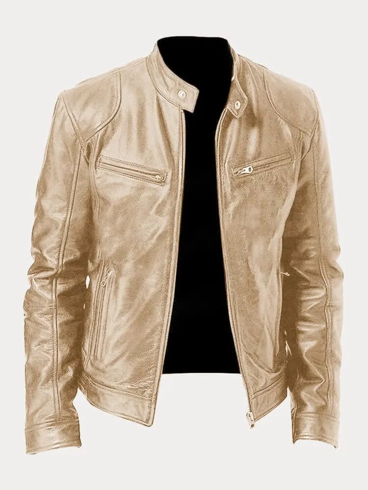 Women's Stand Collar Leather Biker Jacket | Selborne_7