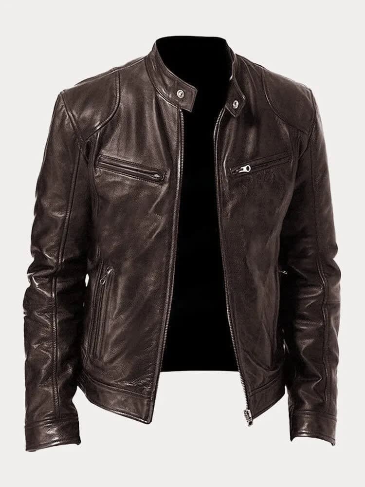 Women's Stand Collar Leather Biker Jacket | Selborne_8
