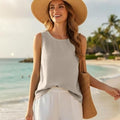 Women's Cotton Linen Crew Neck Tank Top | Laurabel_1
