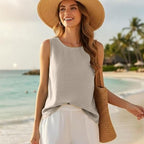 Women's Cotton Linen Crew Neck Tank Top | Laurabel_1