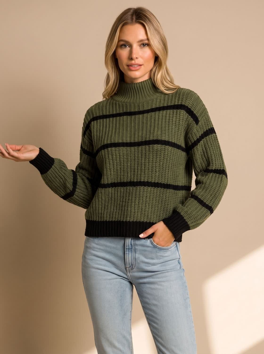 Women's Striped Rib Knit Mock Neck Sweater | Chalfont_3