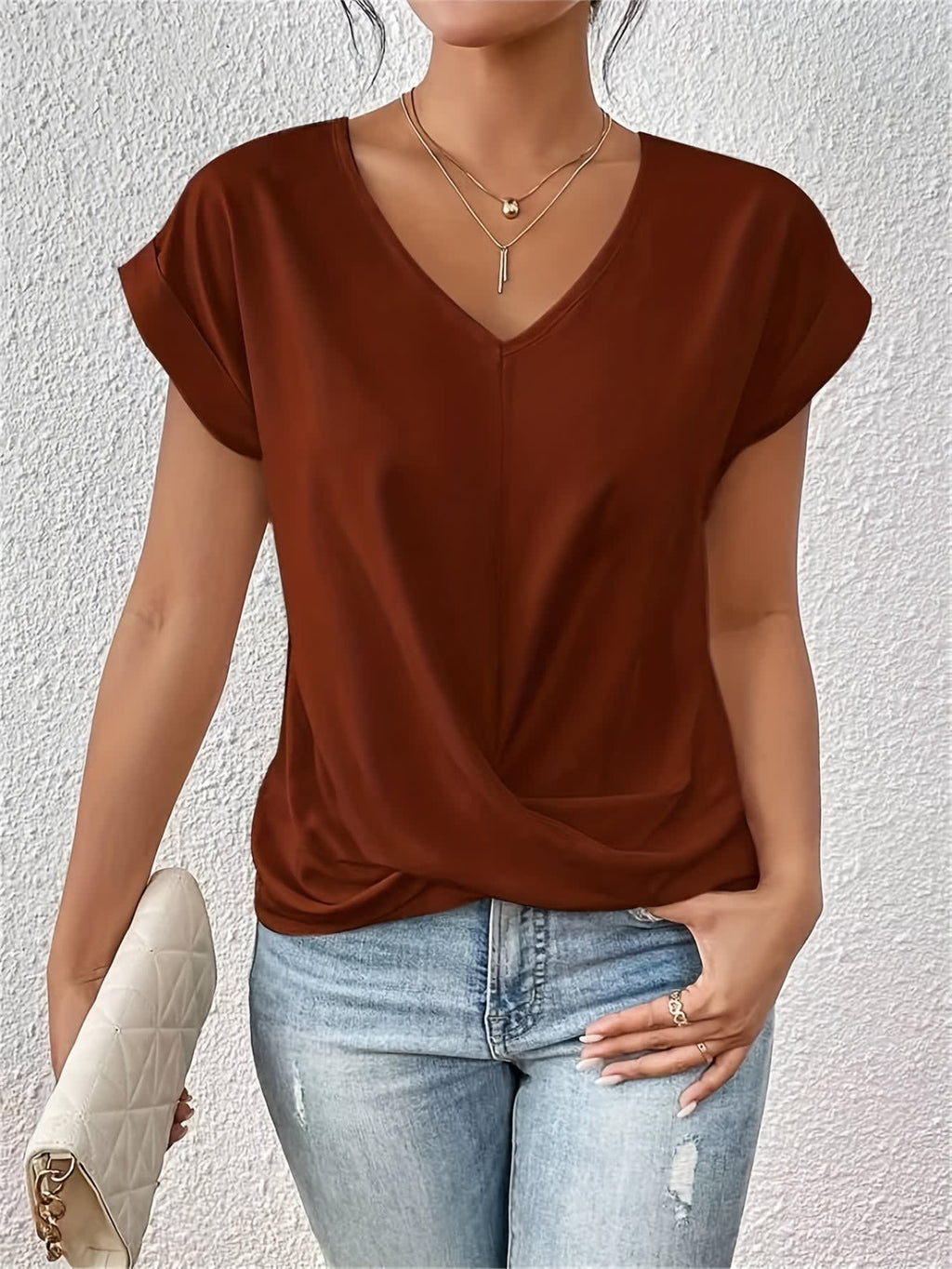 Women's V-Neck Twist Front Blouse | Leonie_4