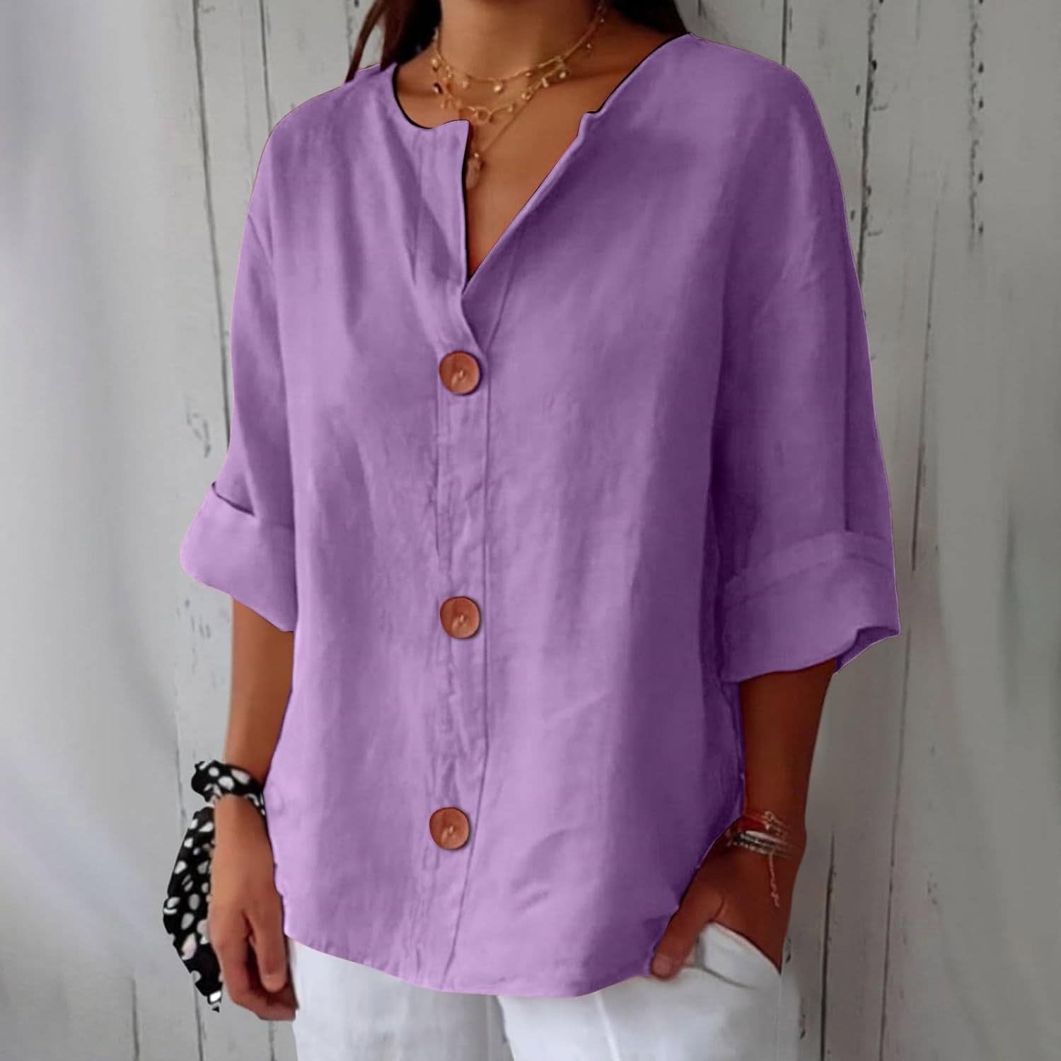 Women's Cotton Linen Button Front Blouse | Kesteven_11
