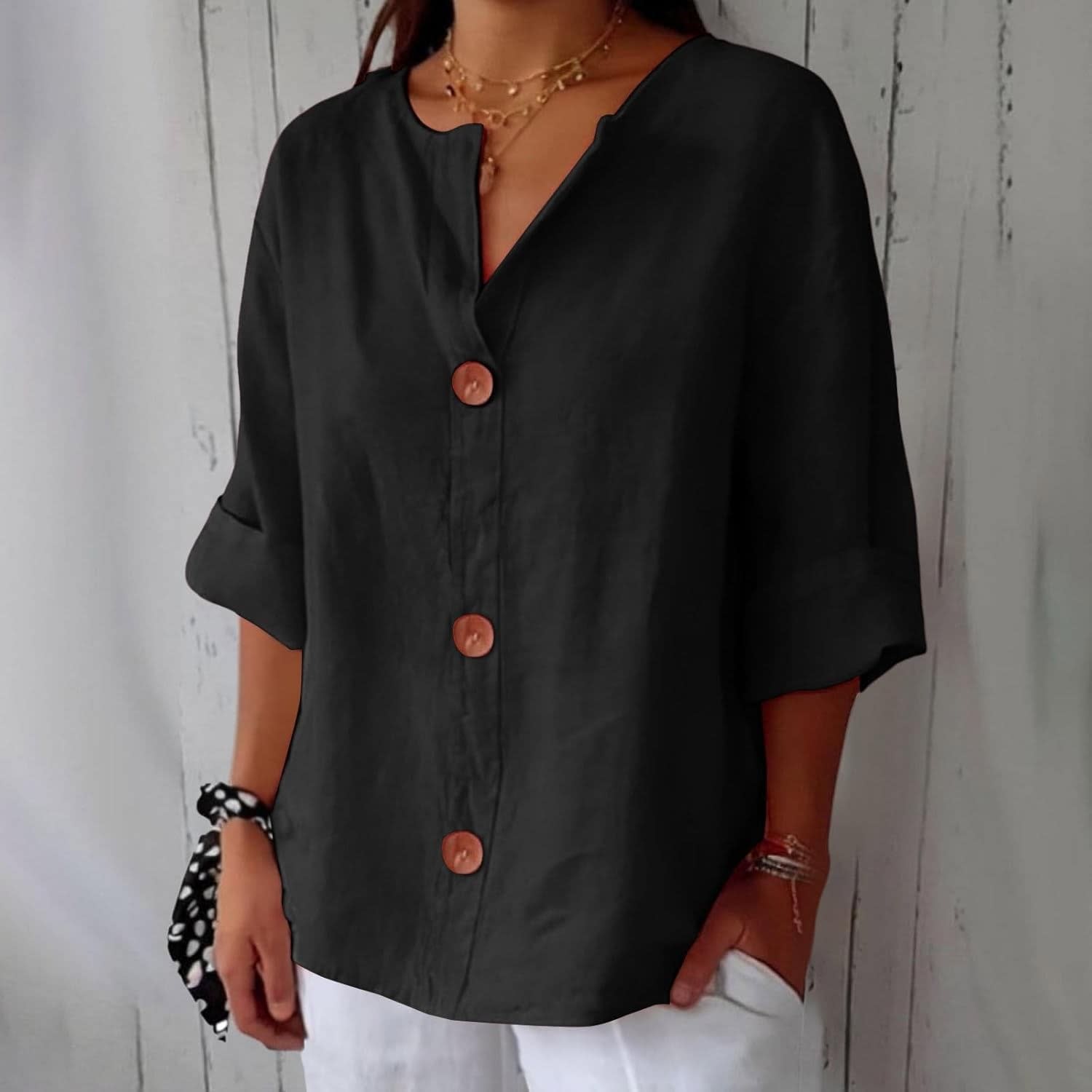 Women's Cotton Linen Button Front Blouse | Kesteven_12