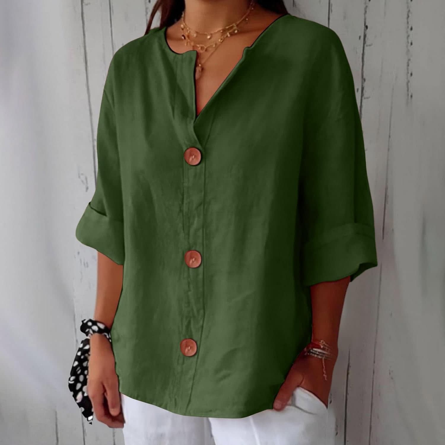 Women's Cotton Linen Button Front Blouse | Kesteven_13