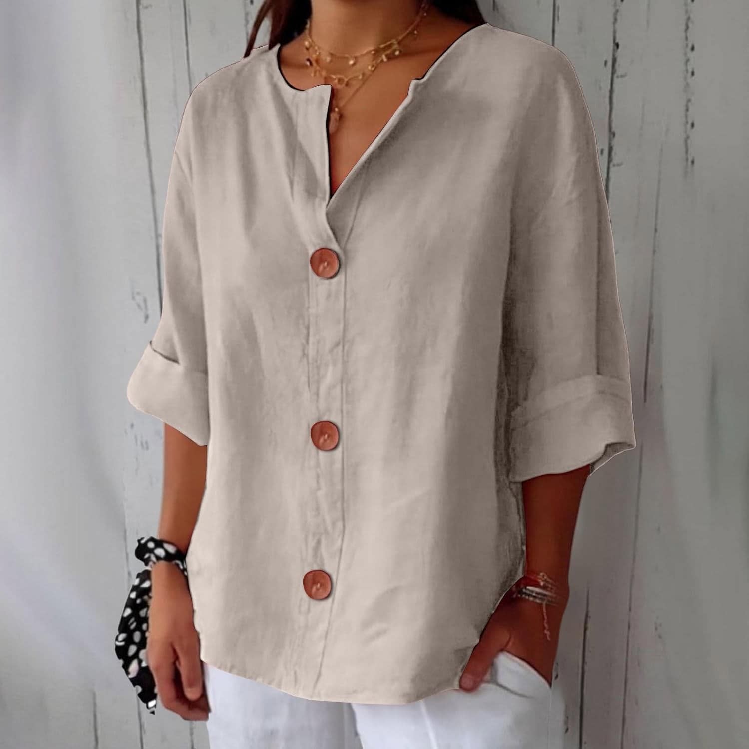 Women's Cotton Linen Button Front Blouse | Kesteven_2