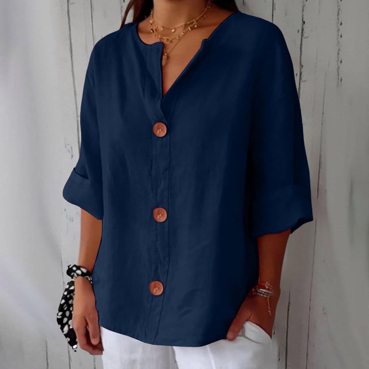 Women's Cotton Linen Button Front Blouse | Kesteven_4