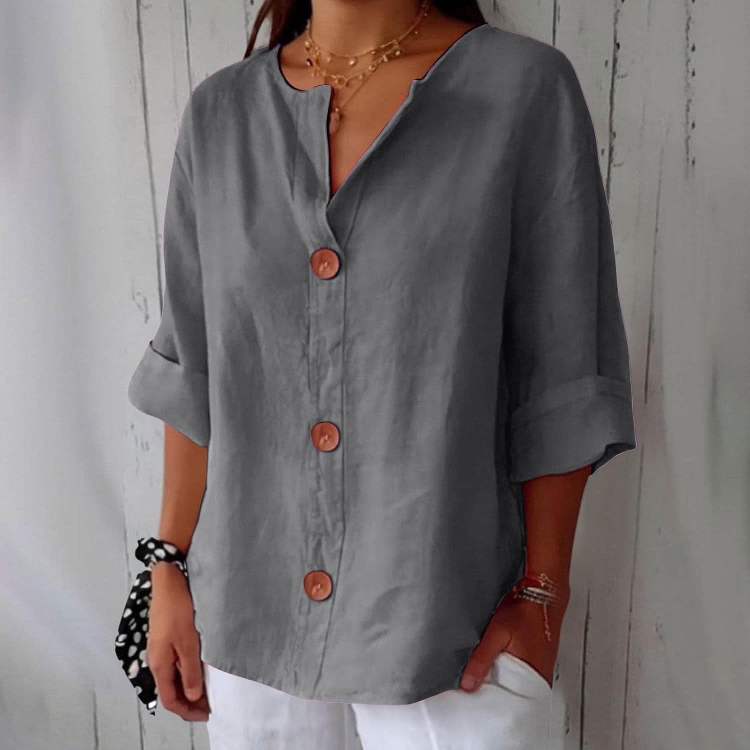 Women's Cotton Linen Button Front Blouse | Kesteven_5