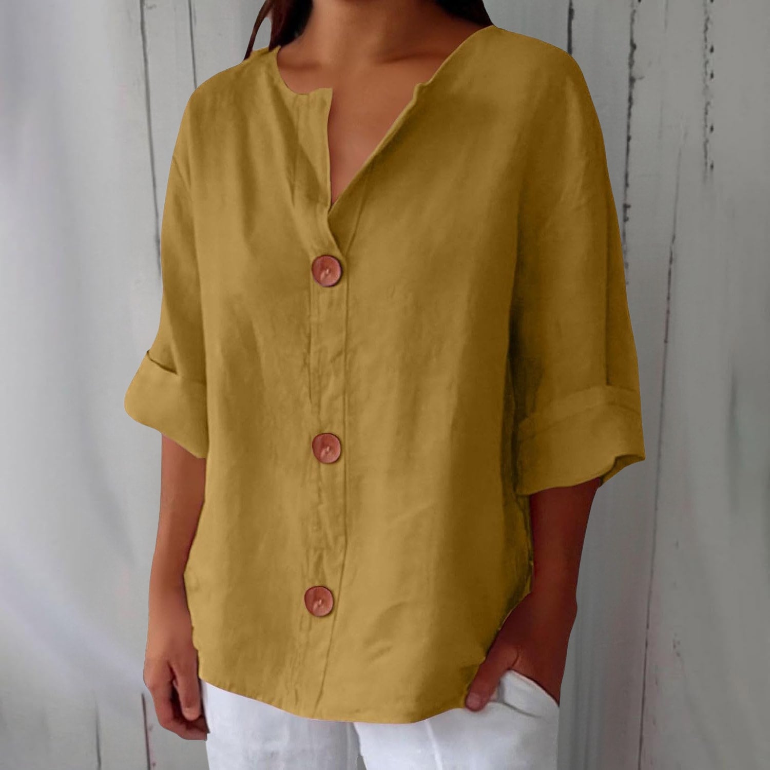 Women's Cotton Linen Button Front Blouse | Kesteven_7