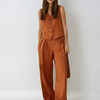 Women's Linen Blend Vest and Wide Leg Pants Set | Rosalind_1