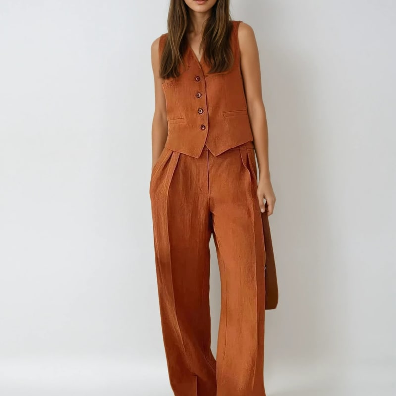 Women's Linen Blend Vest and Wide Leg Pants Set | Rosalind_1