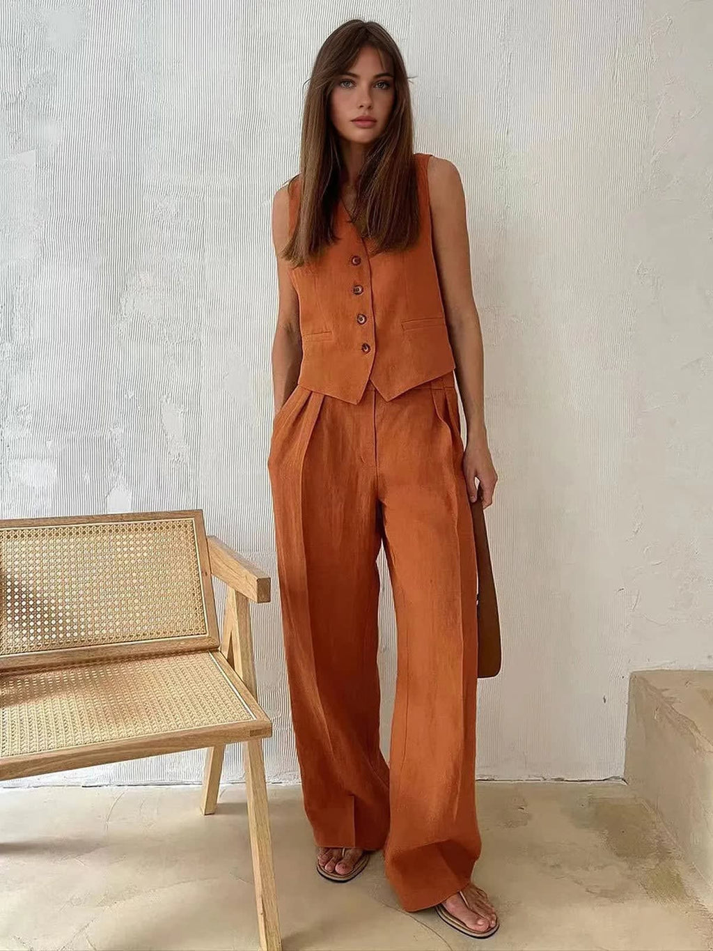 Women's Linen Blend Vest and Wide Leg Pants Set | Rosalind_2