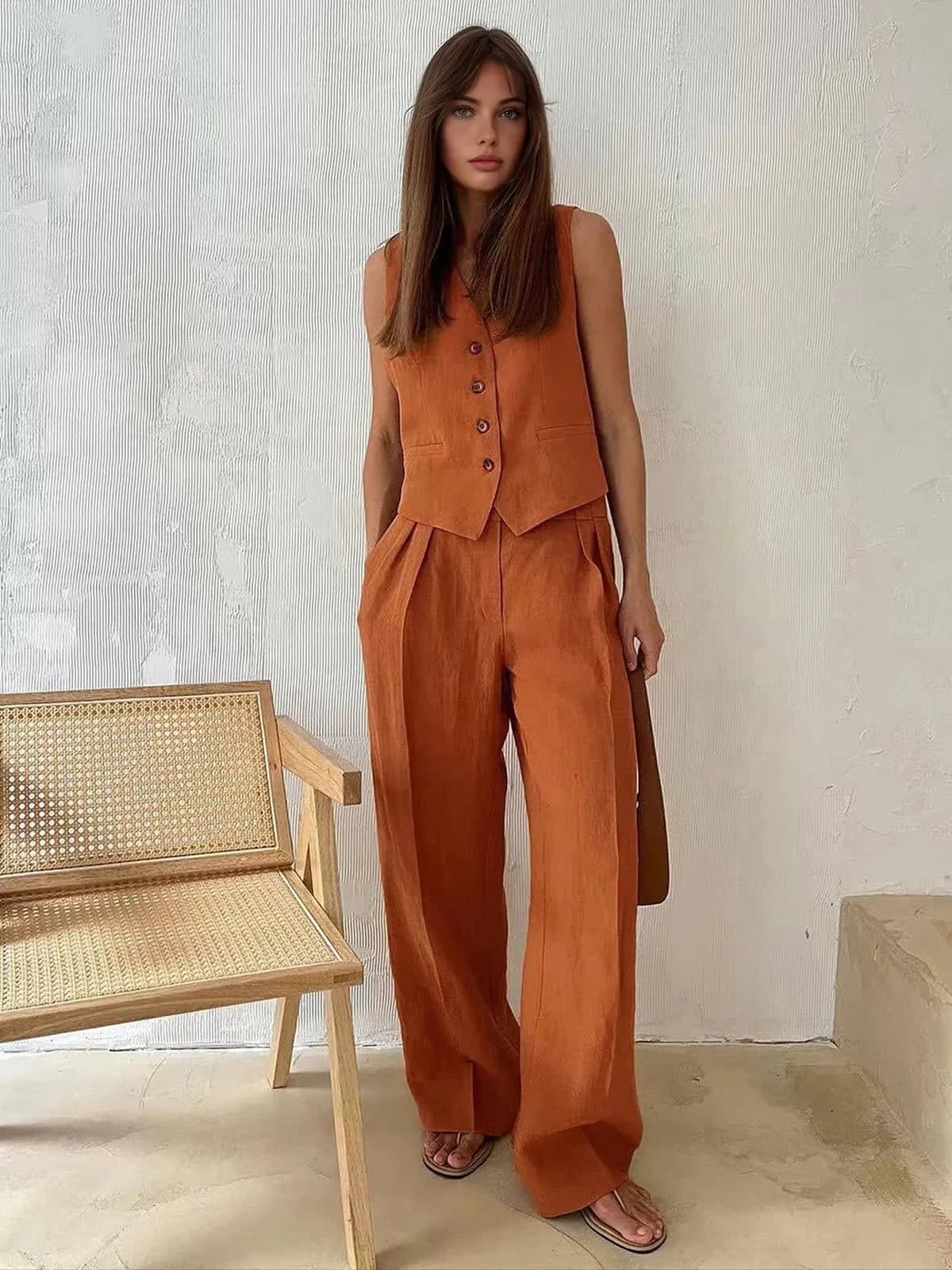 Women's Linen Blend Vest and Wide Leg Pants Set | Rosalind_2