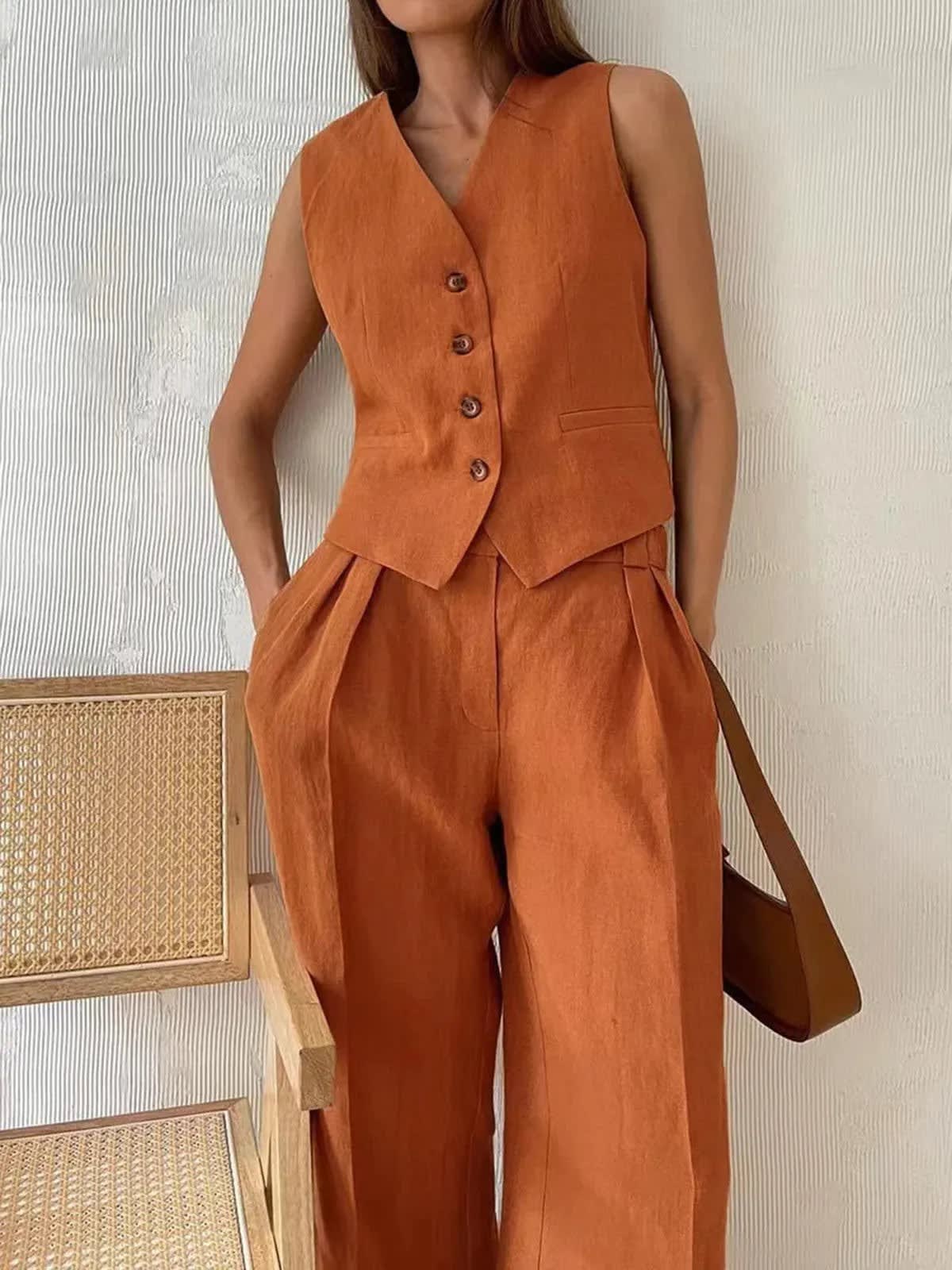 Women's Linen Blend Vest and Wide Leg Pants Set | Rosalind_3