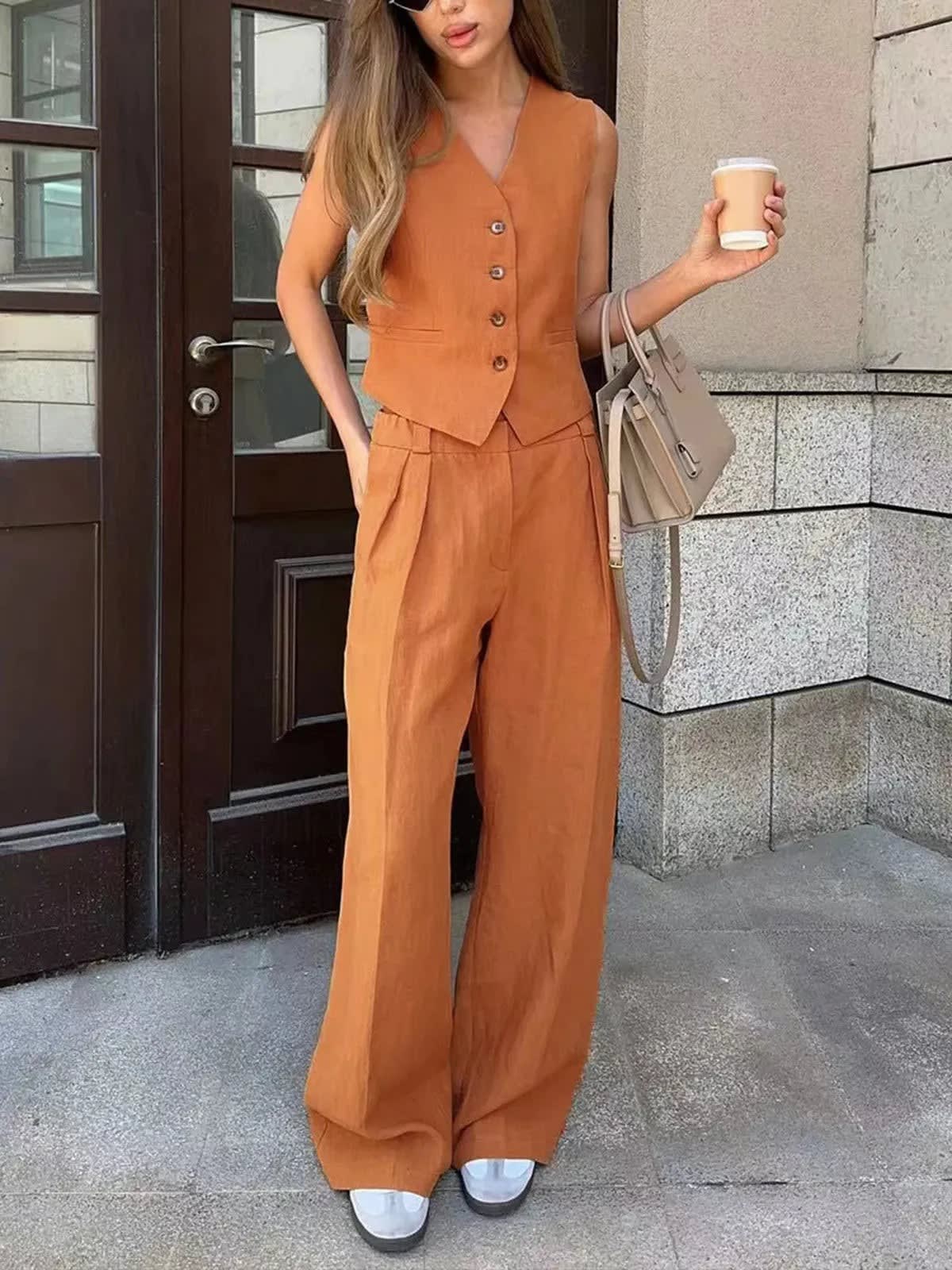 Women's Linen Blend Vest and Wide Leg Pants Set | Rosalind_4