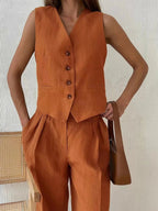 Women's Linen Blend Vest and Wide Leg Pants Set | Rosalind_5
