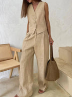 Women's Linen Blend Vest and Wide Leg Pants Set | Rosalind_6
