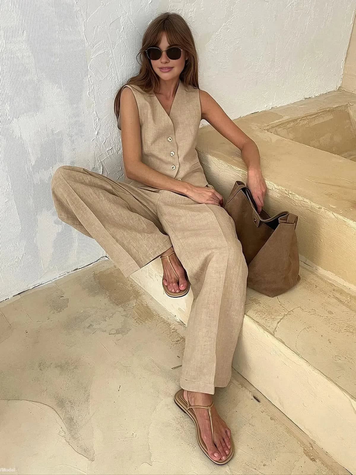 Women's Linen Blend Vest and Wide Leg Pants Set | Rosalind_7