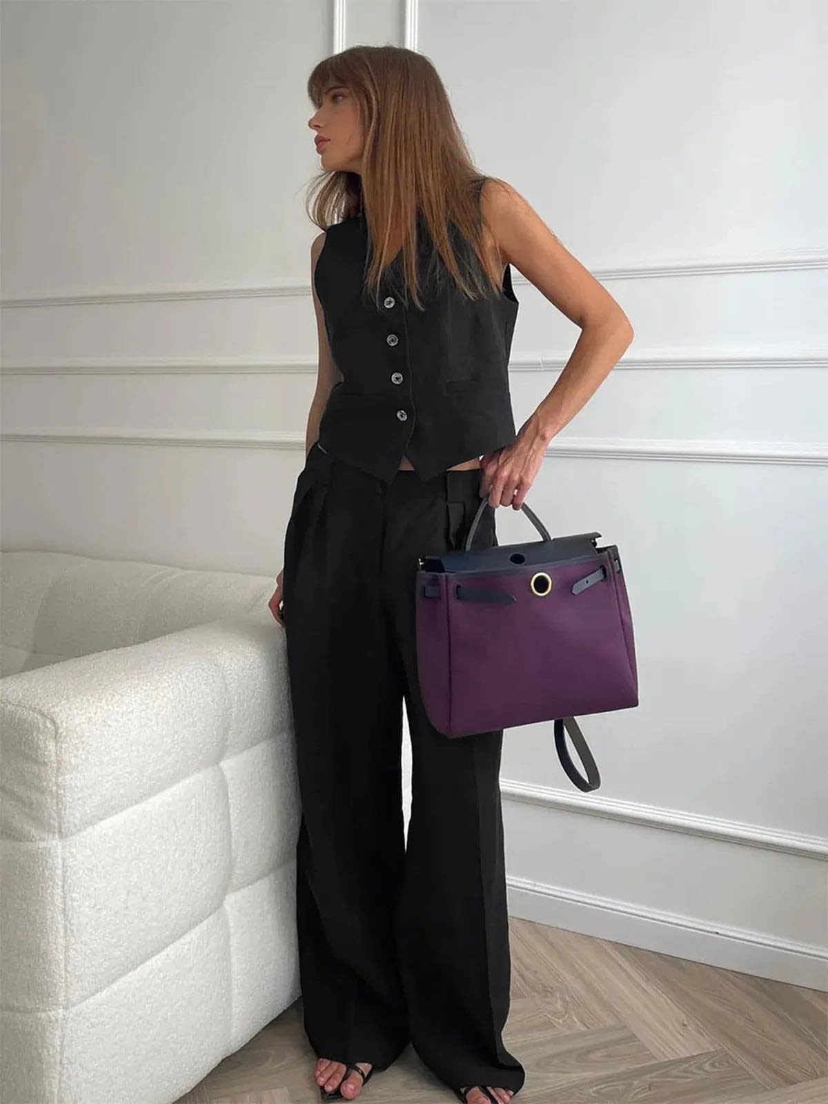 Women's Linen Blend Vest and Wide Leg Pants Set | Rosalind_8