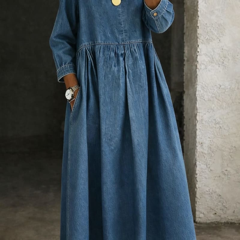 Women's Peter Pan Collar Denim Maxi Dress | Yaxley_1
