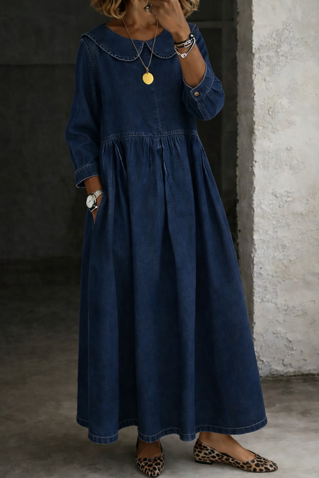 Women's Peter Pan Collar Denim Maxi Dress | Yaxley_2