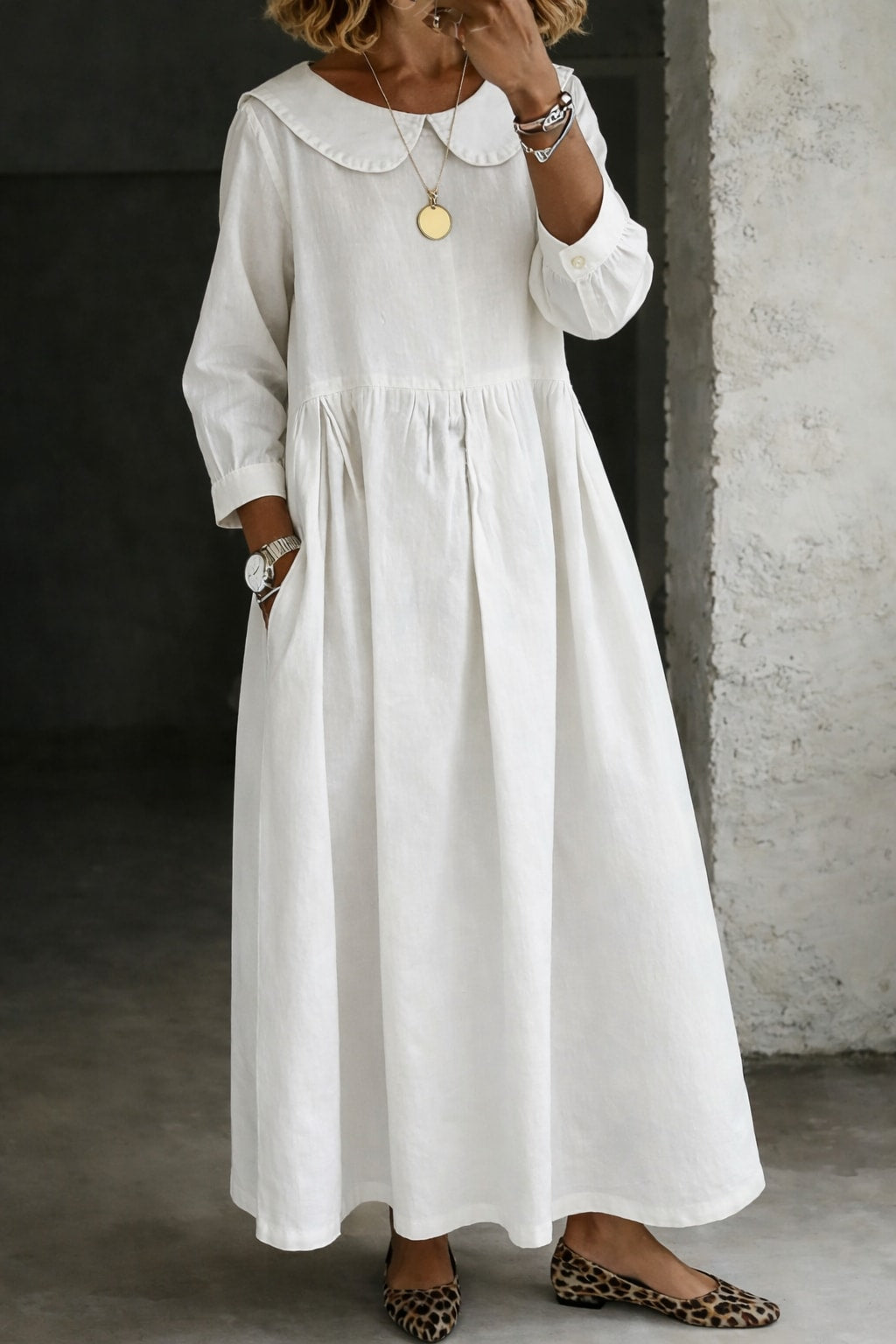 Women's Peter Pan Collar Denim Maxi Dress | Yaxley_3
